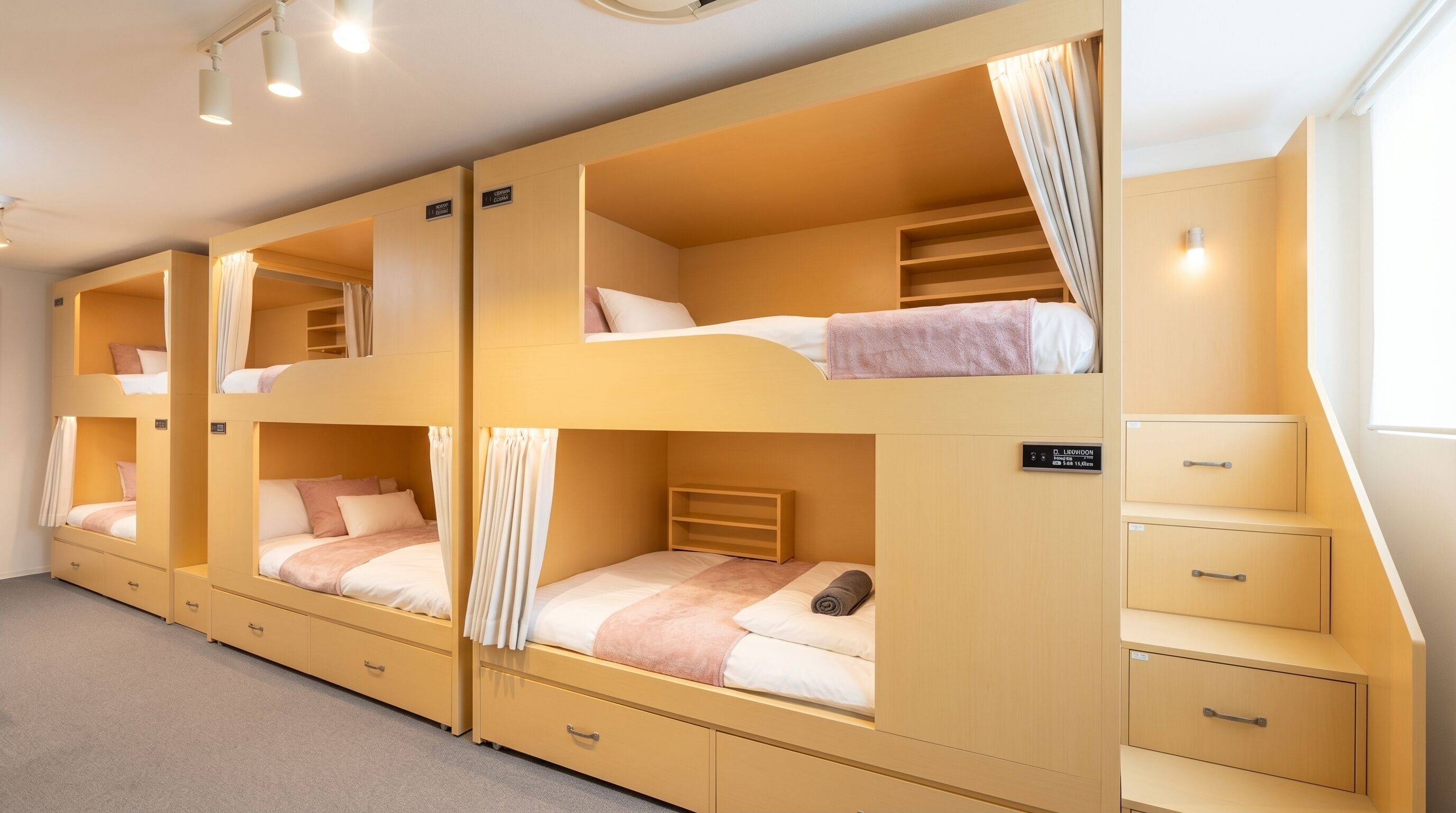 A hotel room with bunk beds, a desk, and a staircase.