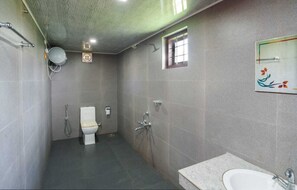 Shower, towels, soap, toilet paper