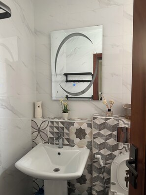 Chuveiro, secador de cabelo, toalhas de banho, sabonete