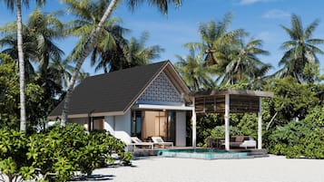 Villa estándar, patio, vistas al mar | Caja fuerte, escritorio, tabla de planchar con plancha y wifi gratis
