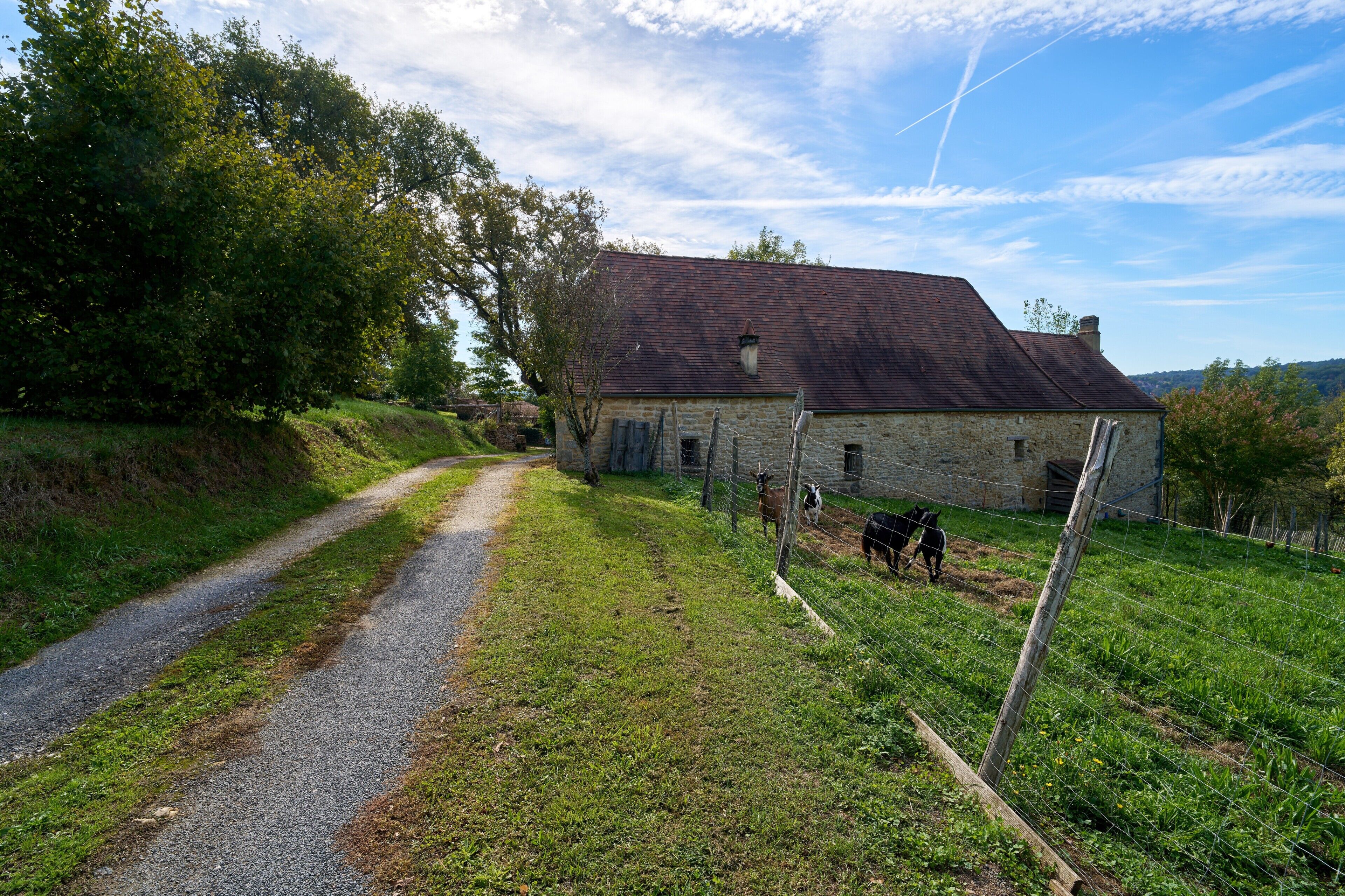 Ein ländliches Steinhaus mit Kiesweg, umgeben von Grünflächen und blauem Himmel.