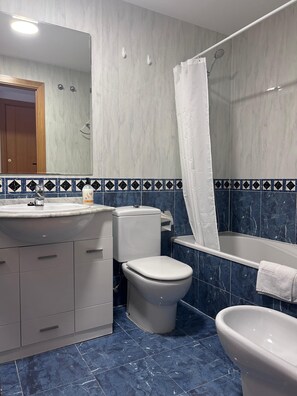 Hair dryer, bidet, towels, soap