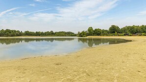 A sandy beach with a calm lake, surrounded by trees and a few buildings in the distance.