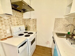 A compact kitchen with a stove, oven, and sink. - Private Guest Suite, Two Parking Spaces (Maple Ridge)