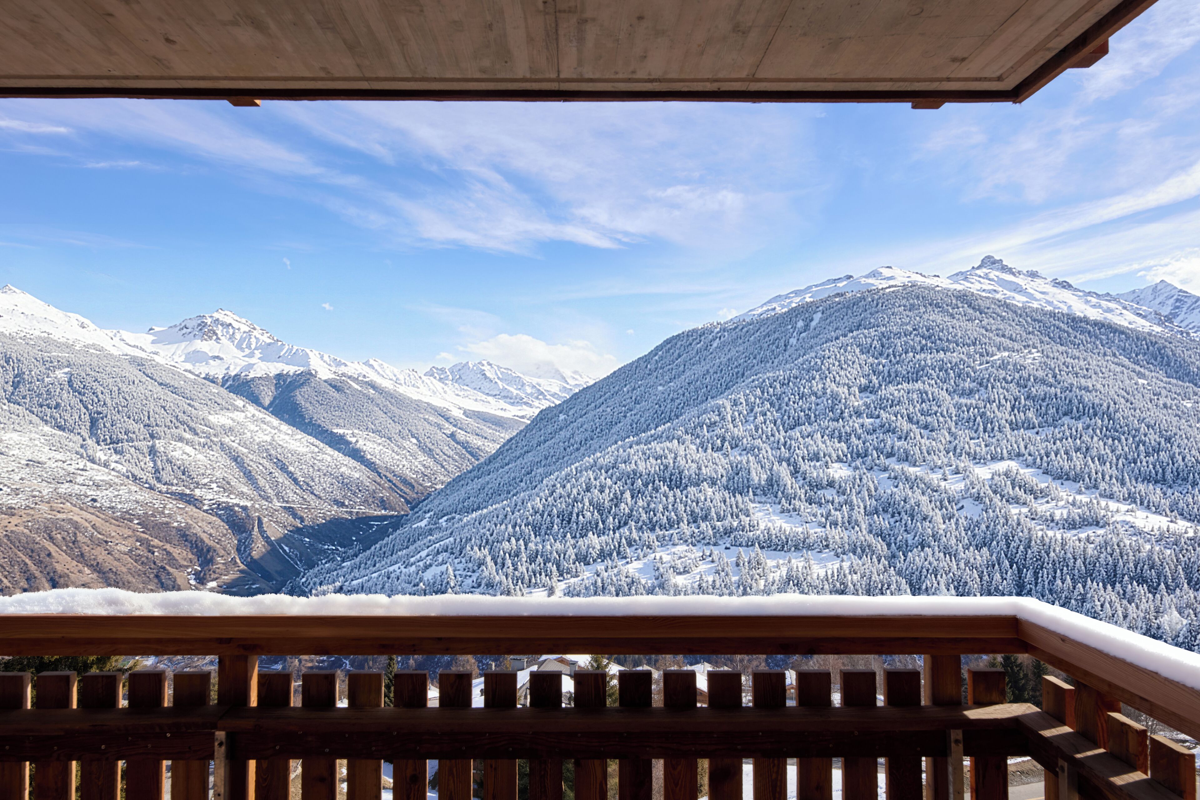 Un paysage de montagne avec des arbres et des montagnes couverts de neige.