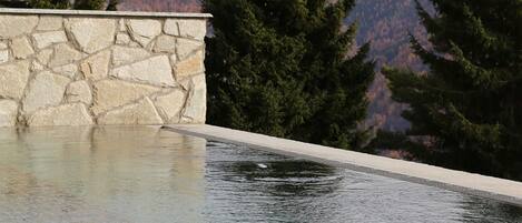 Una piscina de piedra con vistas a montañas nevadas y árboles de hoja perenne.