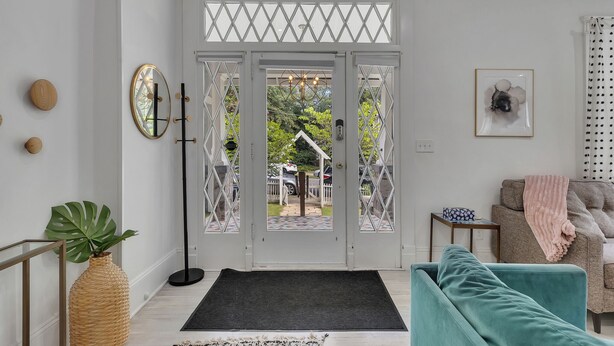 Un salón moderno con un sofá color turquesa, una planta grande y una puerta blanca que da a un jardín.