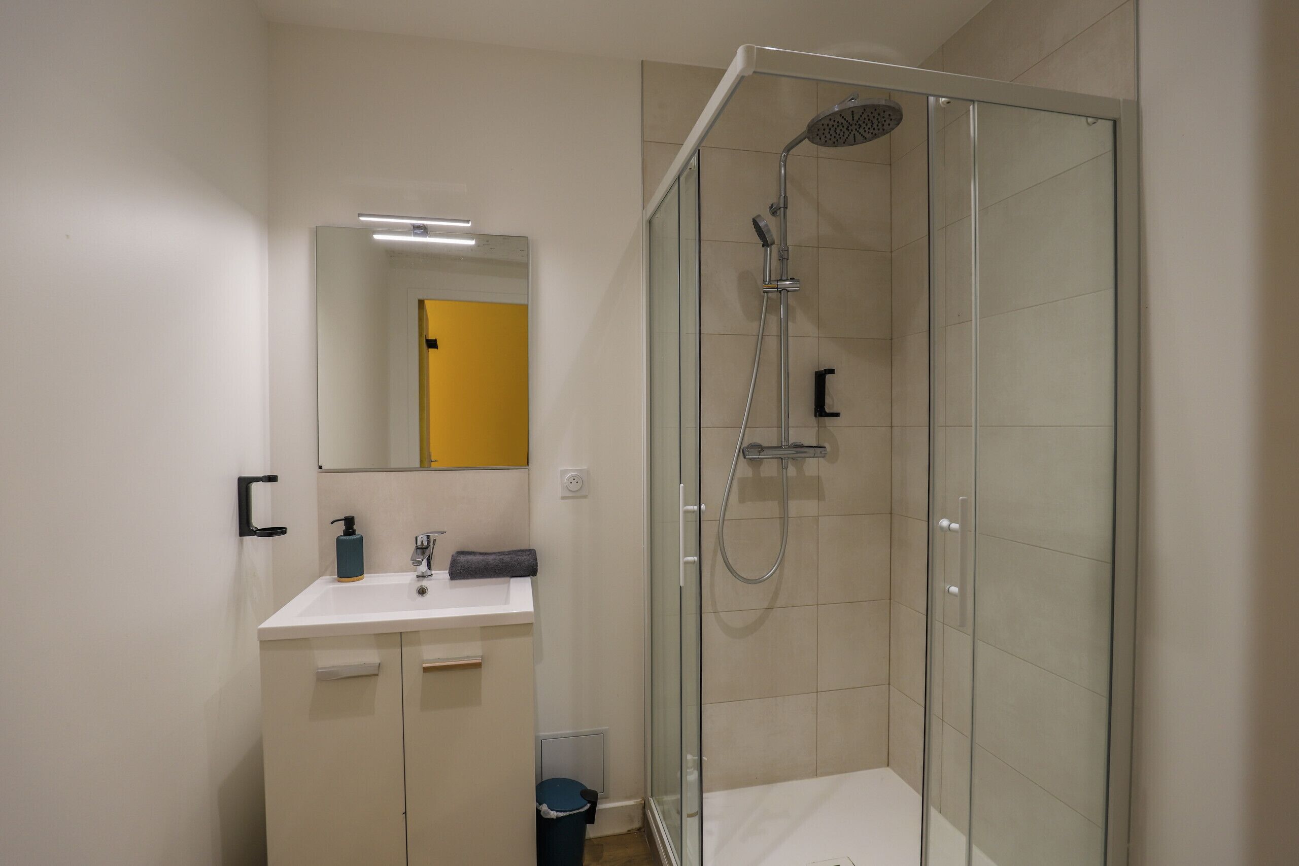 Ein modernes Badezimmer mit einer gläsernen Dusche, einem weißen Waschbecken mit Seifenspender und einem Spiegel darüber.