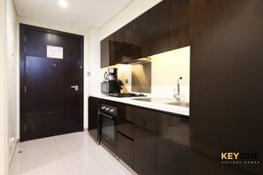 Fridge, microwave, oven, electric kettle