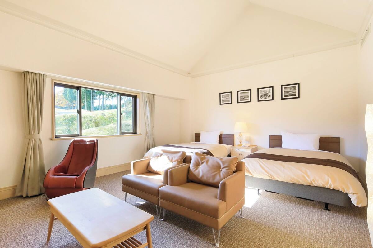 A hotel room with a bed, a desk, a chair, a sofa, and a window with a view of greenery.