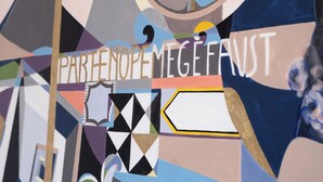 A geometric abstract painting with text. - Decumano 43  (Naples)