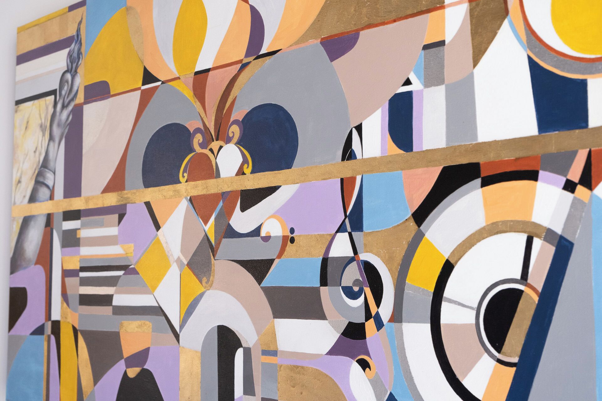 A colorful abstract painting with geometric shapes and lines.