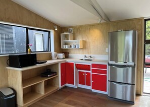 Fridge, microwave, electric kettle, toaster