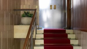 A staircase with a red carpet, a planter with green plants, and a metallic elevator door.