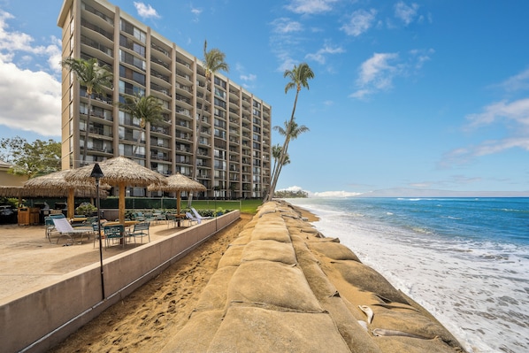 On the beach, sun-loungers, beach towels
