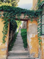 Una estrecha escalera de piedra desciende a un nivel inferior, rodeada de vegetación exuberante y muros desgastados por el tiempo.