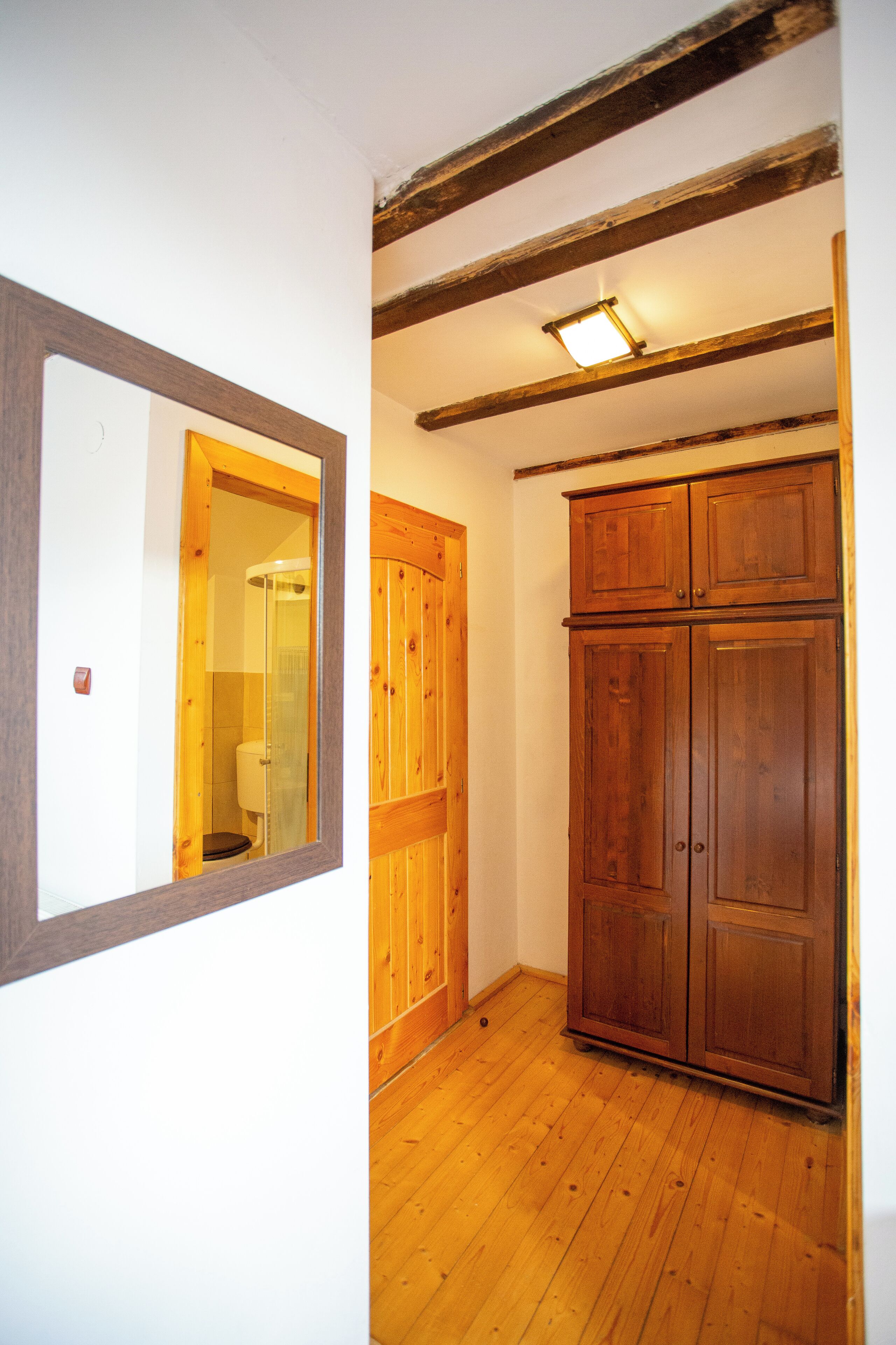 A wooden floor, a wooden wardrobe, and a mirror reflecting a bathroom with a toilet and a shower.