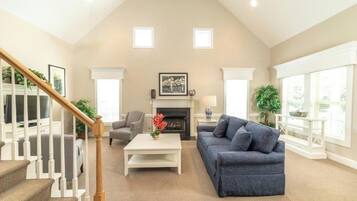 Télévision, cheminée, lecteur de DVD, table de tennis de table