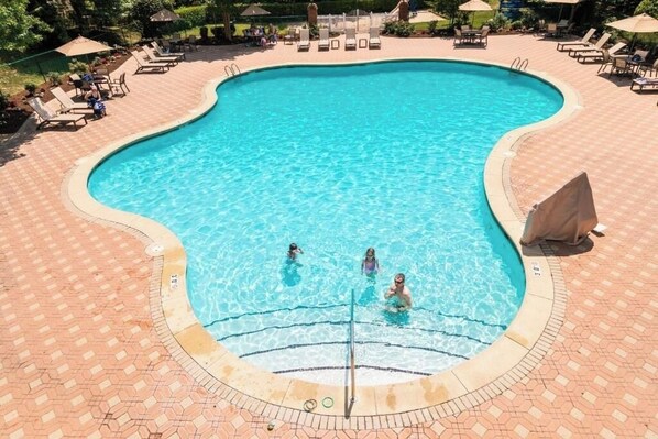 Ein Pool mit gewölbter Kante, umgeben von Liegestühlen und Sonnenschirmen.