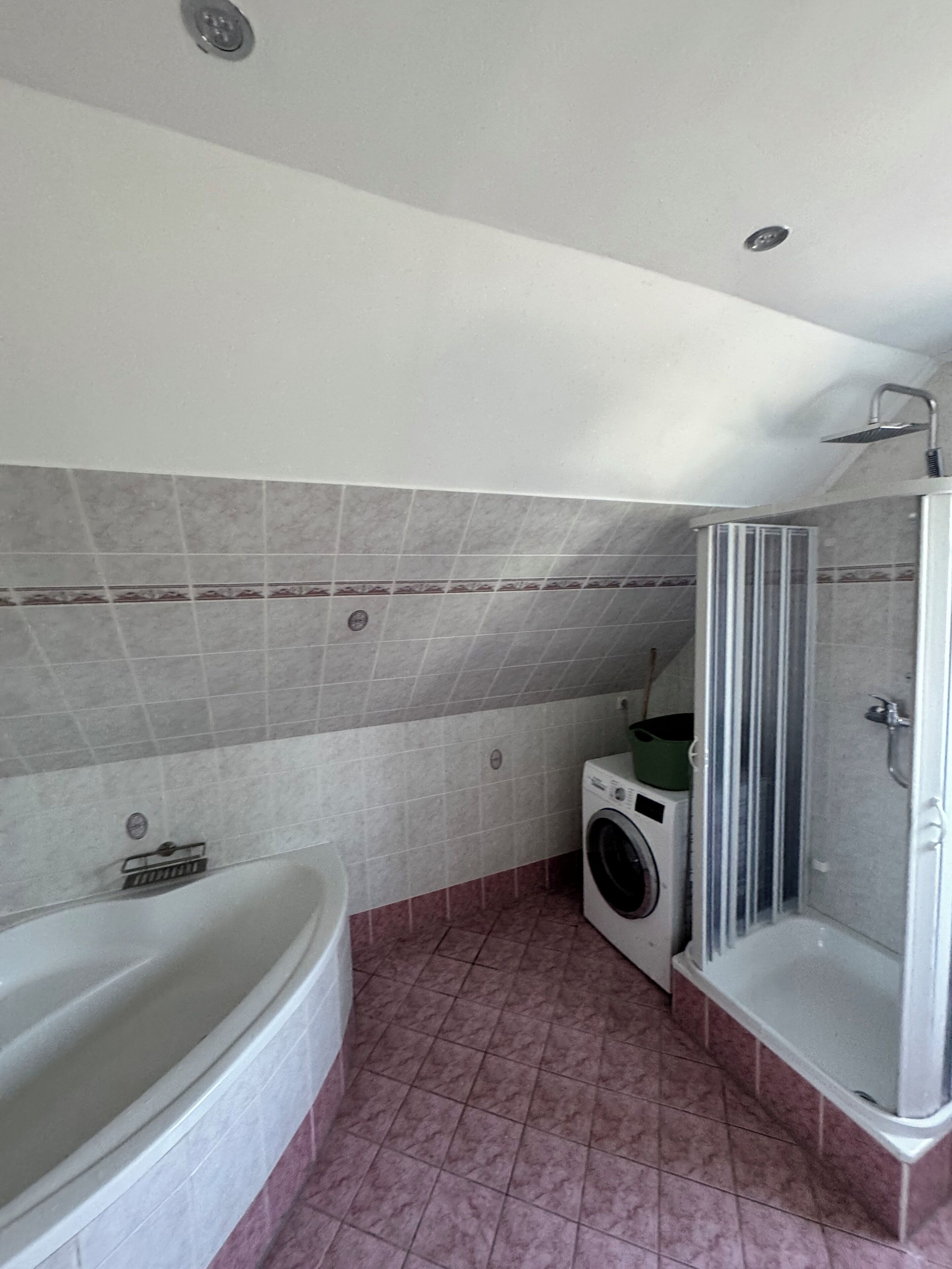 A bathroom with a bathtub, a washing machine, and a shower.