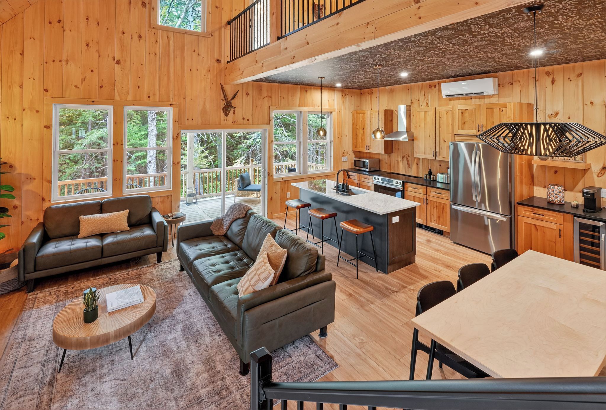 Smart TV, fireplace, books, music library