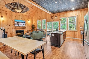 Smart TV, chimenea, libros y biblioteca musical 