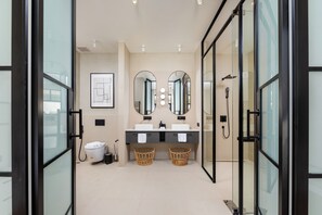 Design Villa, 2 Bedrooms, Pool View | Bathroom | Combined shower/tub, hair dryer, towels, soap - Onyx Villas by TropicLook (Rawai)