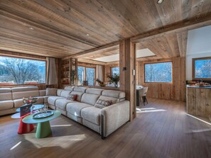 TV, fireplace, books, stereo