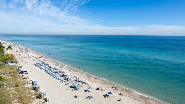 A beach with rows of sun loungers and umbrellas, a clear blue sky, and calm sea. - Studio with Garden View and Balcony – 3rd Floor (Hallandale Beach)
