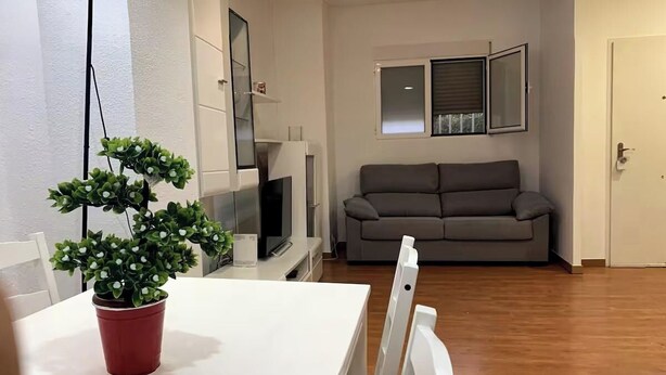 Ett vardagsrum med en grå soffa, ett vitt bord med en röd kruka och en tv.