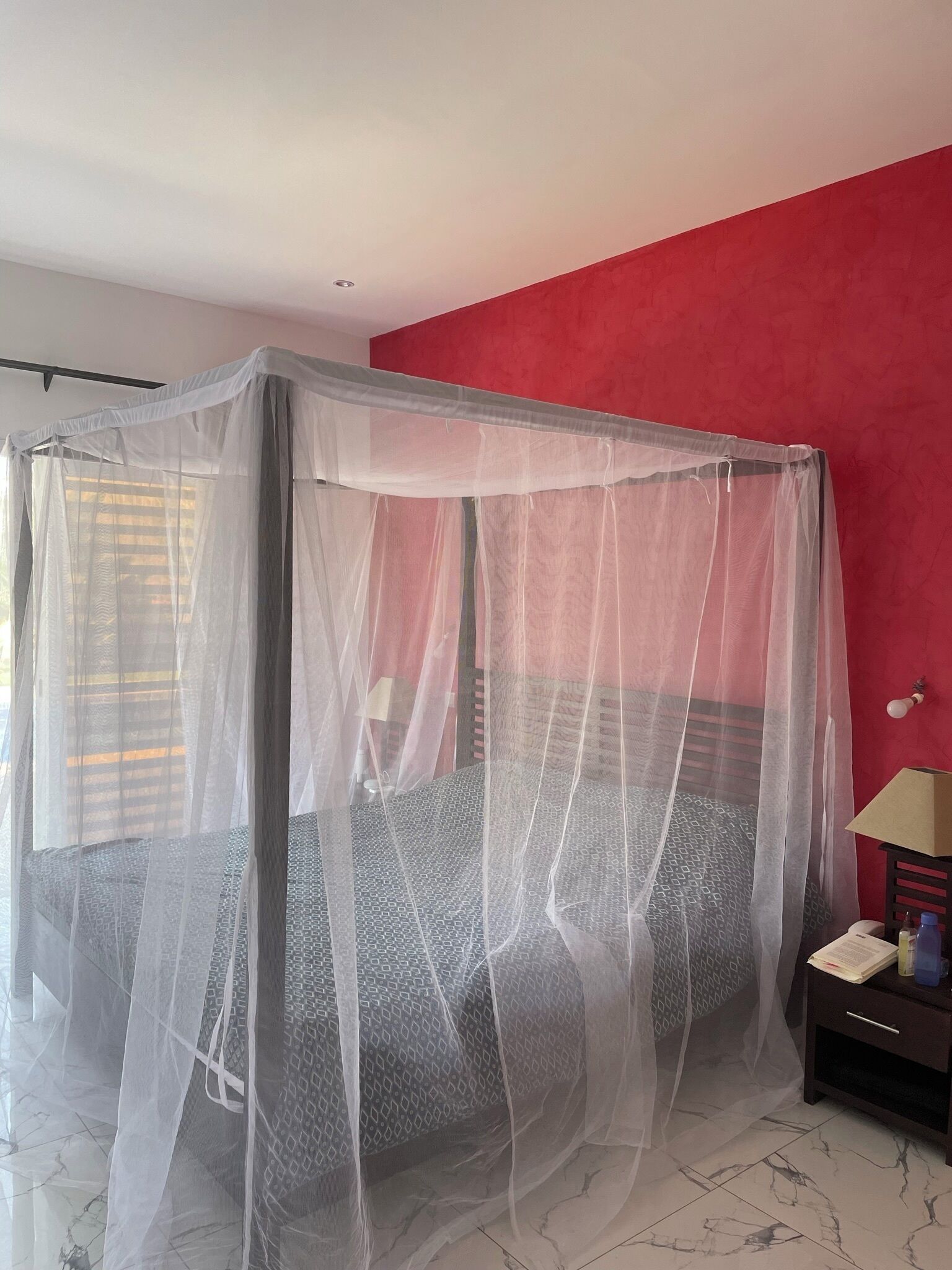 A room with a bed covered by a mosquito net, a nightstand with a lamp, and a red wall.