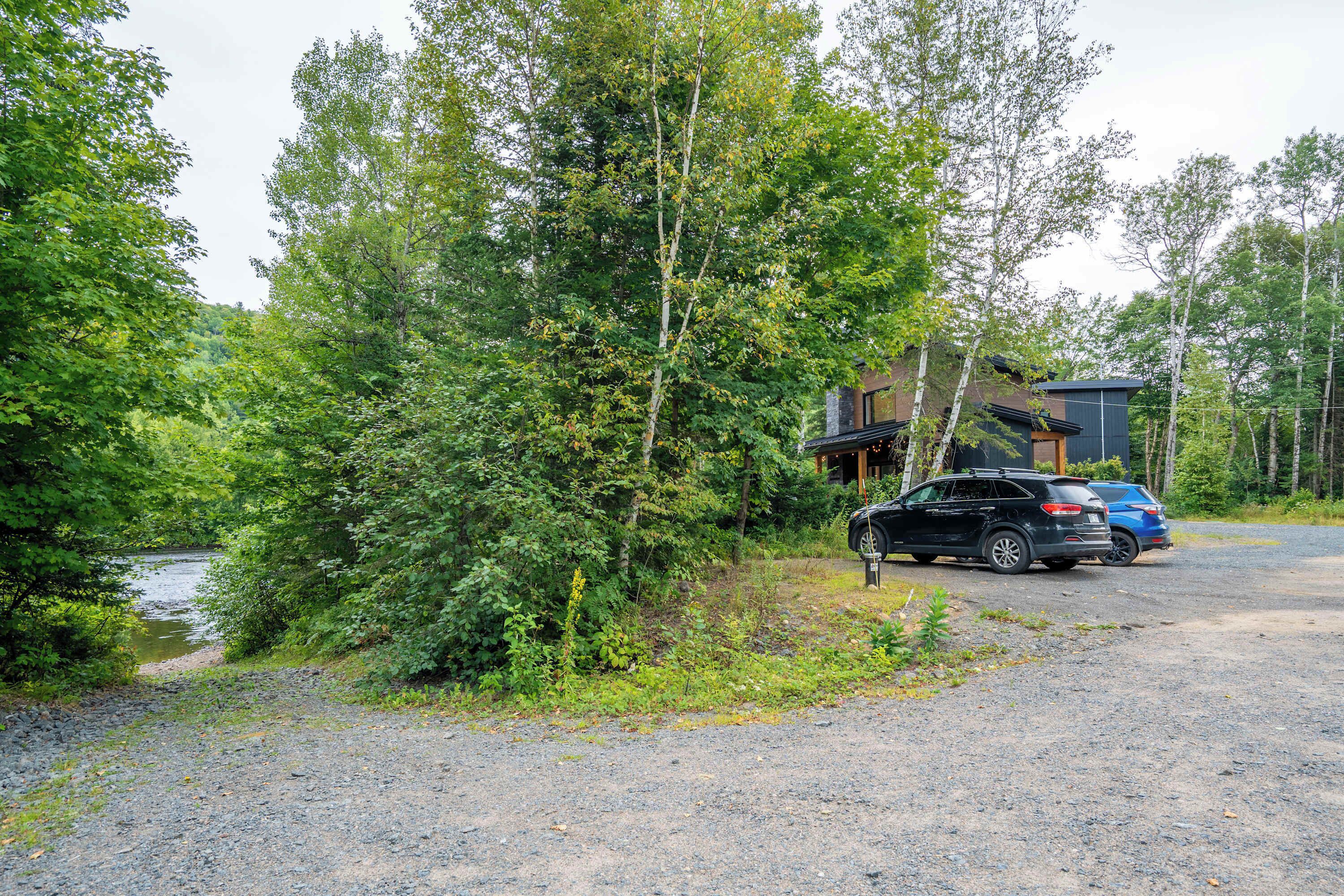 A gravel driveway leading to a cabin surrounded by dense forest.