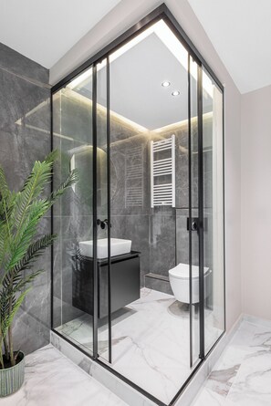 Une salle de bain moderne avec une douche à parois de verre, un lavabo blanc et des toilettes.