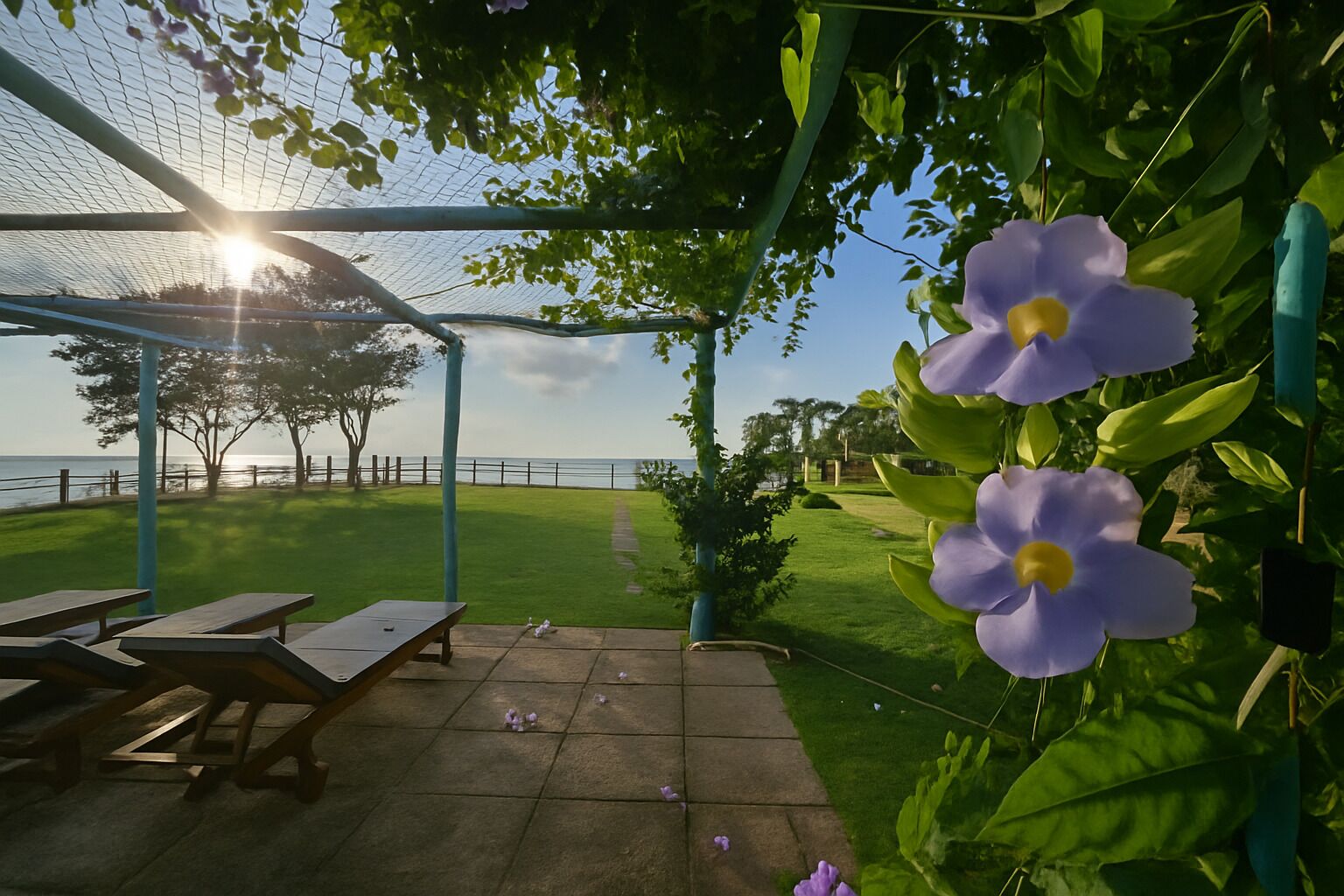 A covered outdoor seating area with picnic tables, a view of the sea, and purple flowers in the foreground.