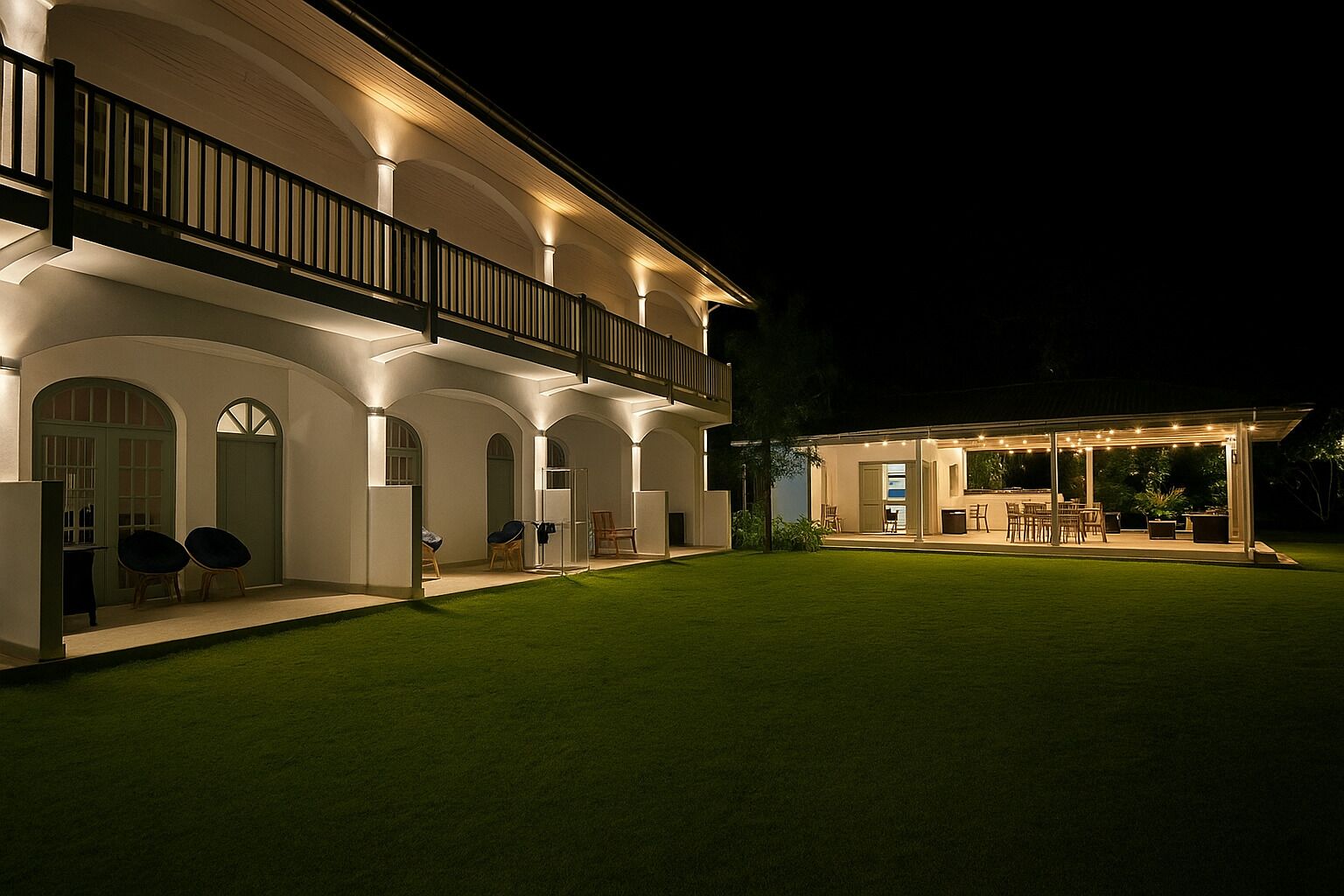 A modern house with a covered patio and a well-maintained lawn.