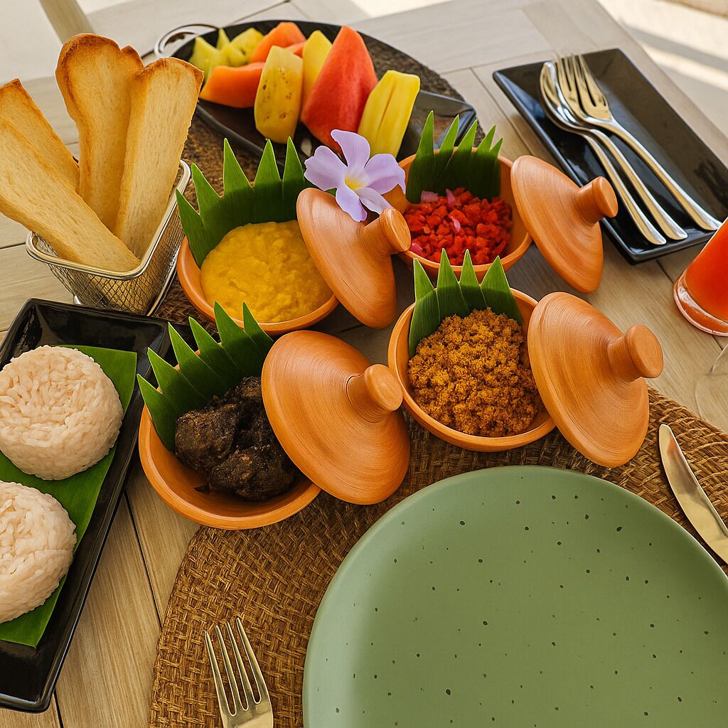 A table with various food items, including rice, meat, and vegetables, arranged on banana leaves and in clay pots.