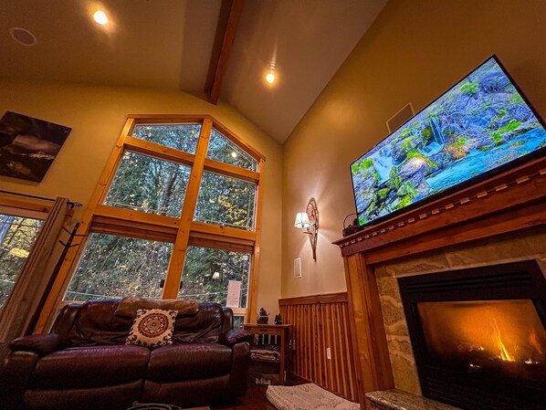 Smart TV, fireplace, DVD player, foosball