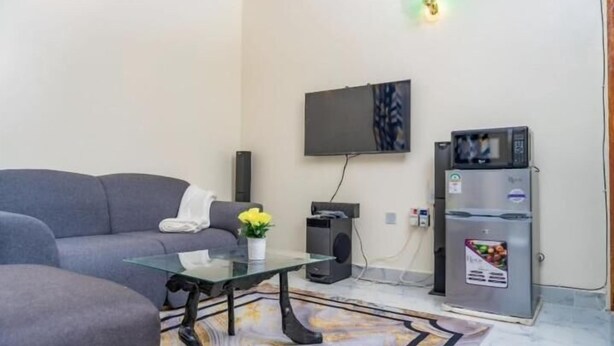 Una sala de estar con un sofá gris, una mesa de centro de vidrio, un televisor de pantalla plana montado en la pared, un refrigerador y una pequeña planta en maceta.