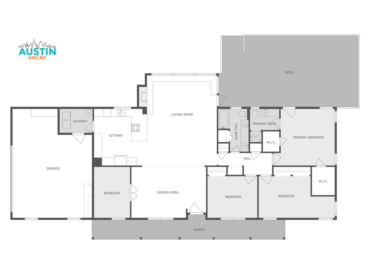 A floor plan of a building with labeled rooms including a living room, kitchen, dining area, bedrooms, a garage, and a deck.