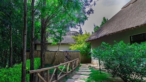 A pathway leading to a thatched-roof building surrounded by lush greenery and a wooden fence.
