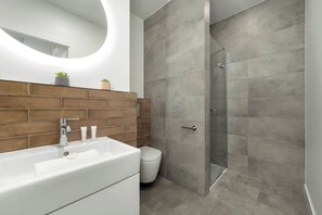 Dusche, Haartrockner, Handtücher, Shampoo