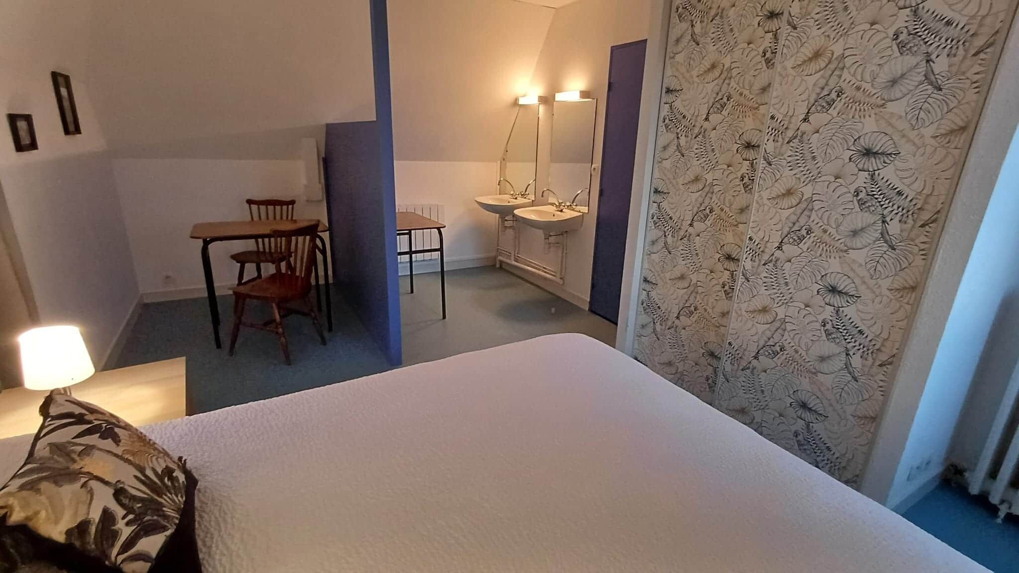 Une chambre d’hôtel comprenant un lit, un bureau avec une chaise, une salle de bain avec un lavabo et un miroir, et un papier peint à motifs.