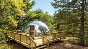 Une structure sphérique dotée d’une terrasse en bois et d’un escalier, entourée d’arbres.