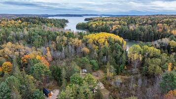 A forested area with a lake, a cabin, and a boat dock.