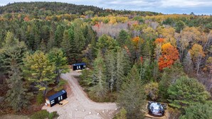 A remote cabin with a dirt path leading to it, surrounded by dense forest and autumn foliage. - Vesta Nook! With Shower, Queen Bed & pullout sofa (Sullivan)