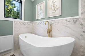 Shower, hair dryer, towels, shampoo