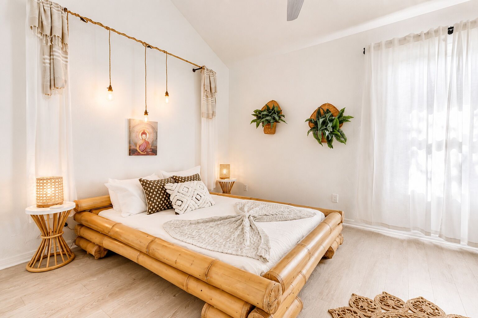 Une chambre avec un grand lit, deux tables de chevet, une lampe fixée au mur et deux plantes en pot.