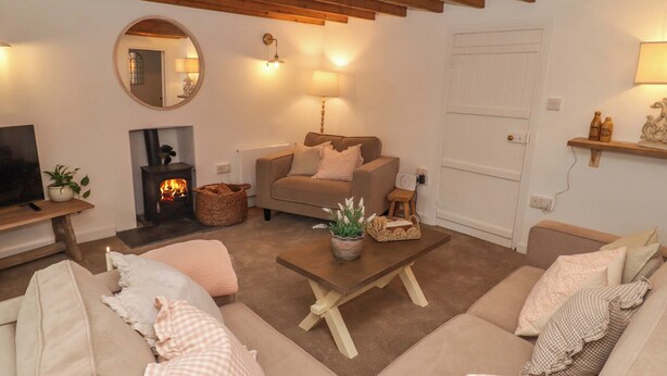 A cozy living room with a fireplace, sofas, a coffee table, and a television. - Pentwyn (Haverfordwest)