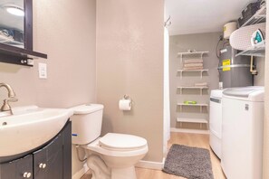 Hair dryer, towels, soap, toilet paper