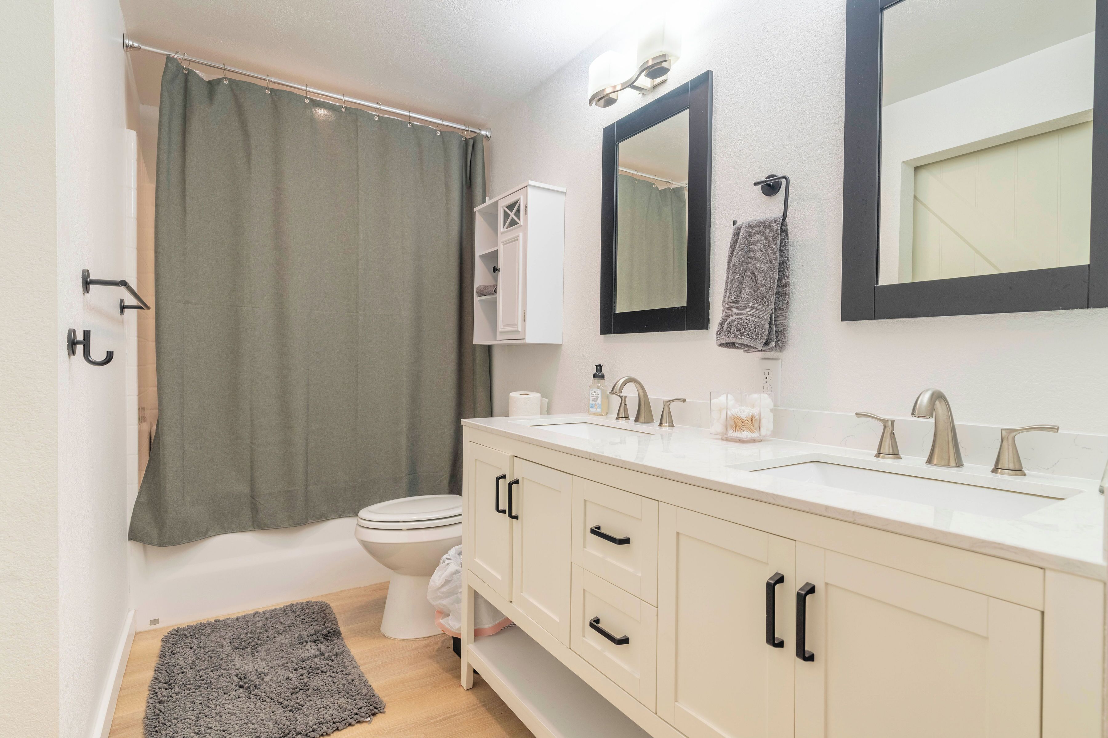 Hair dryer, towels, soap, toilet paper